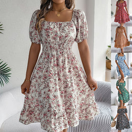 Floral Print Square Collar Dress – White