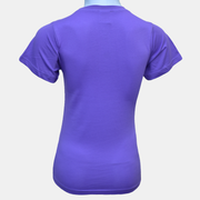 Back view of the classic foil badge purple t-shirt, showcasing its soft cotton fabric and modern fit.