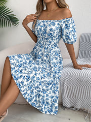 Trendy Square Neckline Floral Dress – Blue