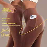 High waist yoga pants for women in tan, featuring a slimming pocket and peach hips for a flattering fit and comfort.