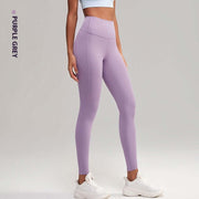 High waist purple grey yoga pants for women, offering comfort and style for workouts and casual wear.