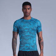 Men's blue camouflage fitness sportswear t-shirt, lightweight and breathable for active workouts.
