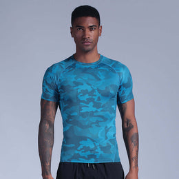 Men's blue camouflage fitness sportswear t-shirt, lightweight and breathable for active workouts.