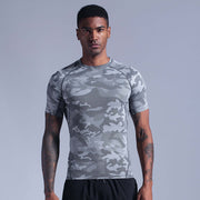 Men's gray camo fitness sportswear t-shirt, designed for comfort and performance during workouts and outdoor activities.