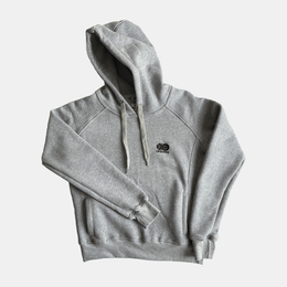 Grey hoodie with a hood and a logo, perfect for casual wear and relaxed comfort.