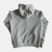 Back view of a gray men's fleece hoodie featuring a hood and a comfortable fit for versatile style.