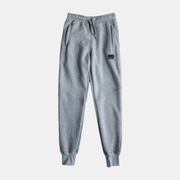 Gray men's fleece tracksuit pants featuring an elastic waistband and side pockets for comfort and style.