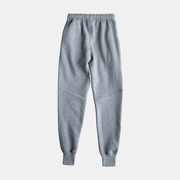 Men's grey fleece tracksuit pants featuring a comfortable elastic waistband and tapered cuffs.