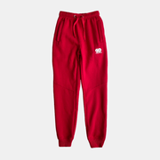 Men's red fleece trousers with drawstring waist and pockets, perfect for outdoor activities and relaxation.
