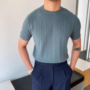 Lake blue knitted pullover short sleeve shirt for men