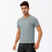 Men's loose fit quick-dry running t-shirt in grey, ideal for workouts and sports activities.