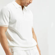 Side view of men's polo shirt with zipper collar