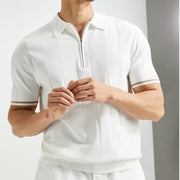 White short-sleeved men's polo shirt with lapel zipper
