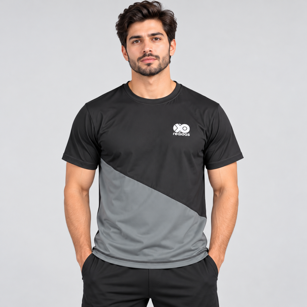 Reqidas Men's Summer Running T-Shirt in Black and Taupe Gray - Front View
