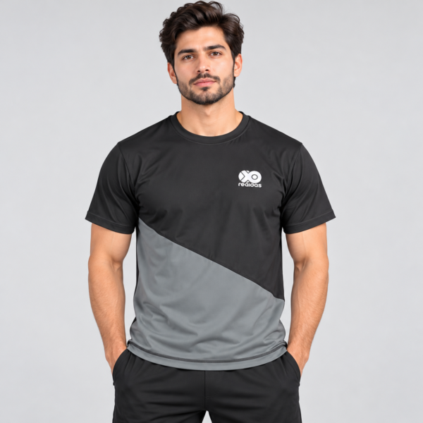 Reqidas Men's Summer Running T-Shirt in Black and Taupe Gray - Front View