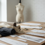 Fabric rolls, garment patterns and design sketches on a studio table for custom apparel manufacturing