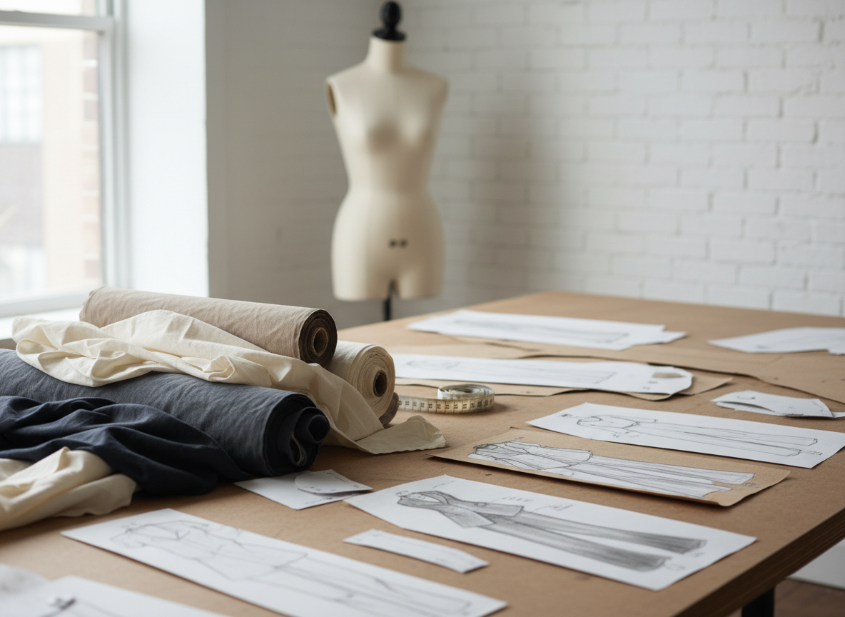 Fabric rolls, garment patterns and design sketches on a studio table for custom apparel manufacturing