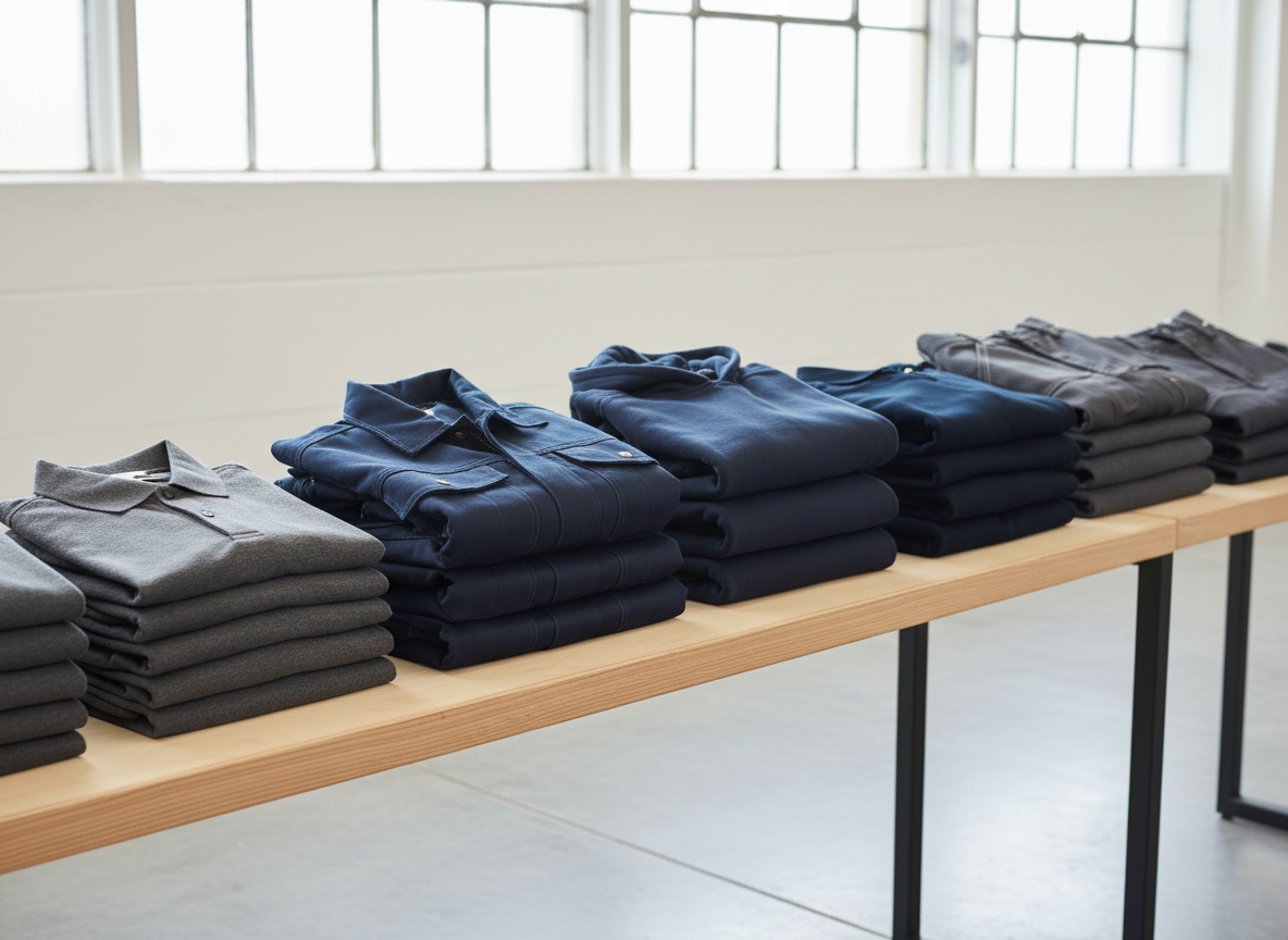 Stacked polo shirts, jackets and hoodies for bulk custom company workwear