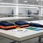 Quality control table with finished sportswear, fabric swatches and measuring tape at a clothing manufacturer
