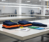 Quality control table with finished sportswear, fabric swatches and measuring tape at a clothing manufacturer