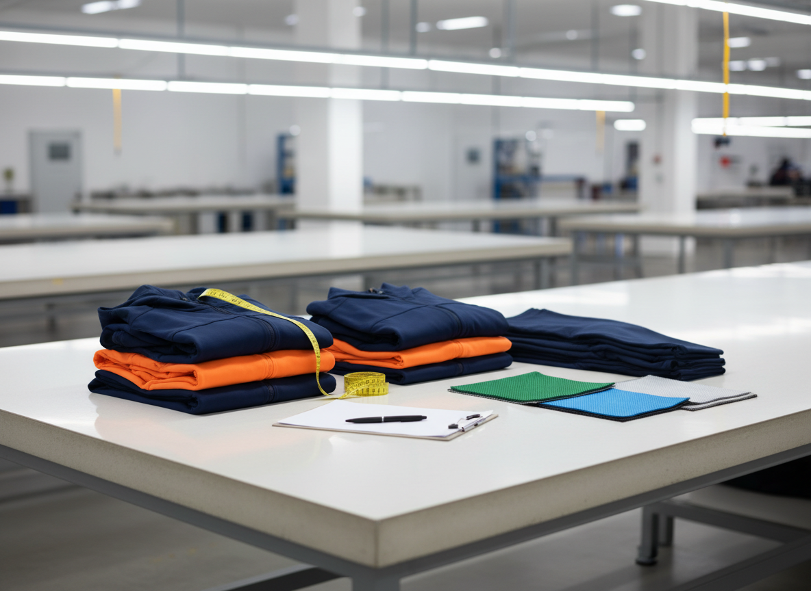 Quality control table with finished sportswear, fabric swatches and measuring tape at a clothing manufacturer