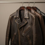 Black and brown custom leather jackets hanging on a rail in a studio