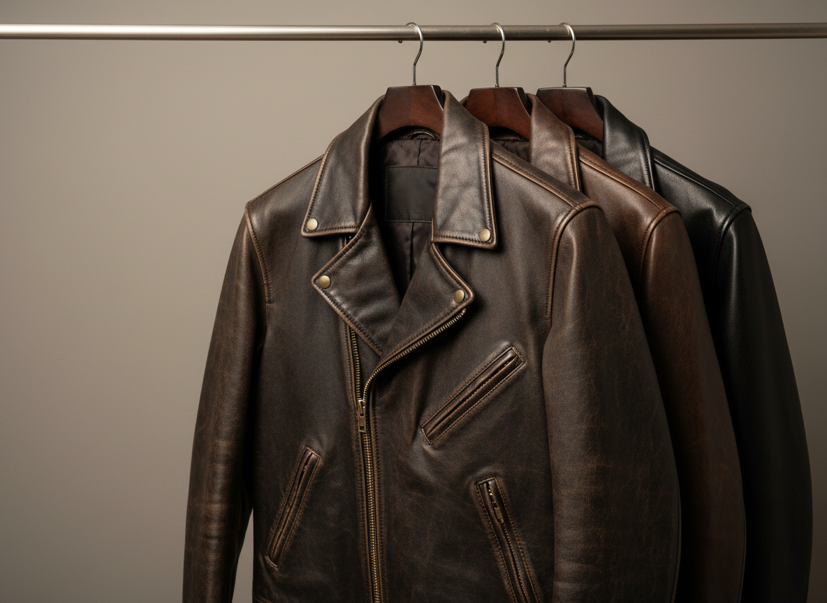 Black and brown custom leather jackets hanging on a rail in a studio