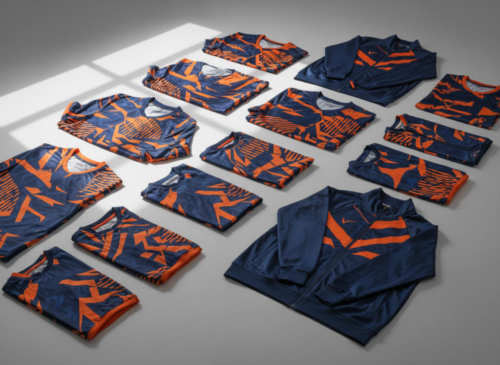Folded custom sublimated team jerseys and tracksuits in navy and orange for a bulk sports uniform order