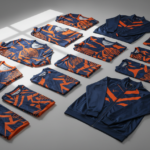 Folded custom sublimated team jerseys and tracksuits in navy and orange for a bulk sports uniform order