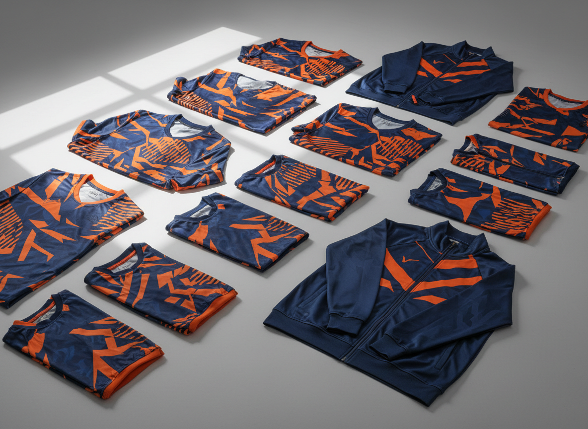 Folded custom sublimated team jerseys and tracksuits in navy and orange for a bulk sports uniform order