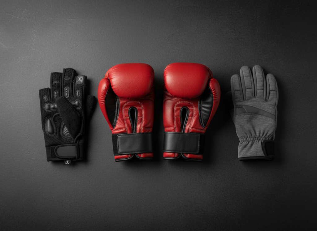 Boxing, cycling and winter sports gloves arranged together on a dark surface