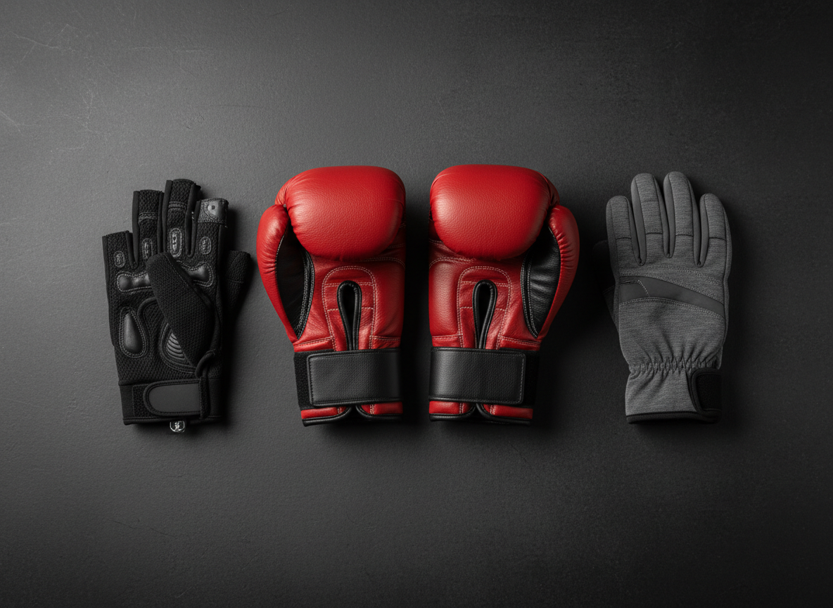 Boxing, cycling and winter sports gloves arranged together on a dark surface