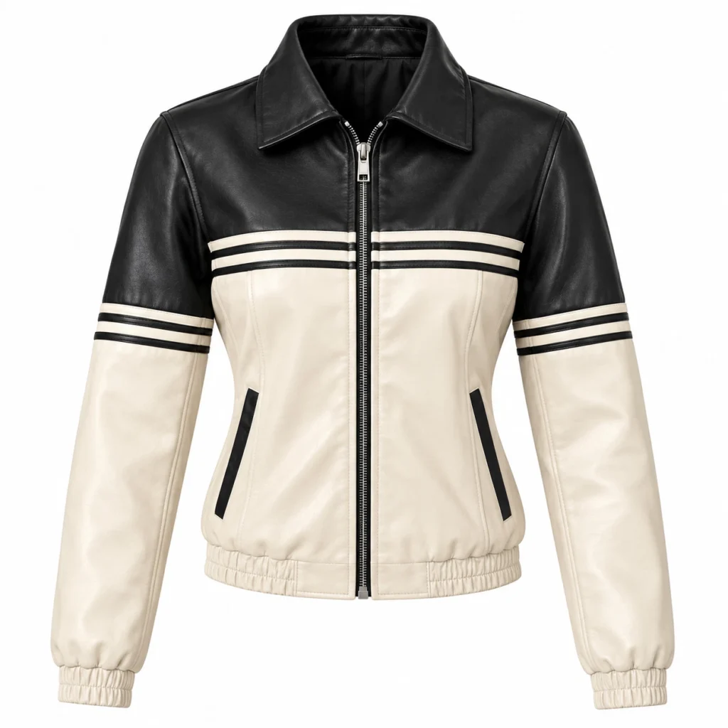 real leather colorblock racing jacket black off white striped casual