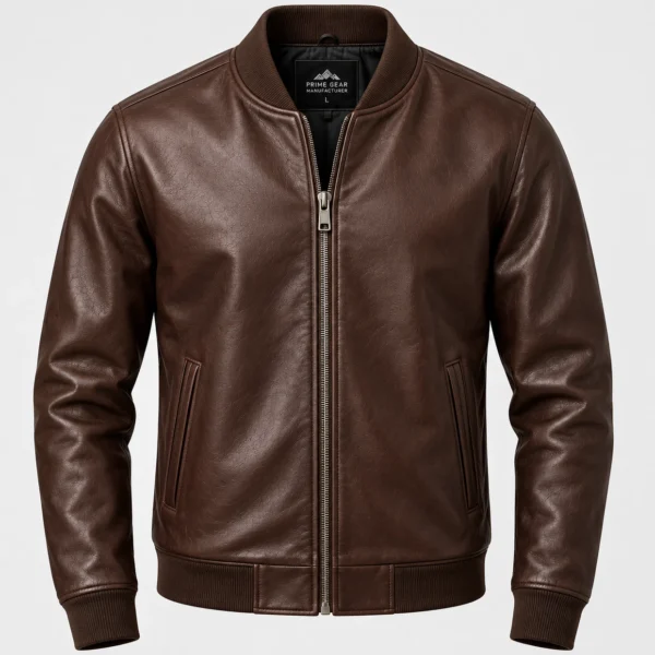 PRIME GEAR Men's Brown Real Leather Bomber Riding Jacket - Front View