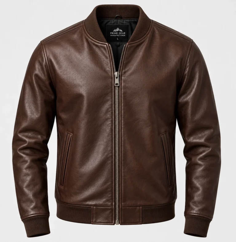 PRIME GEAR Men's Brown Real Leather Bomber Riding Jacket - Front View