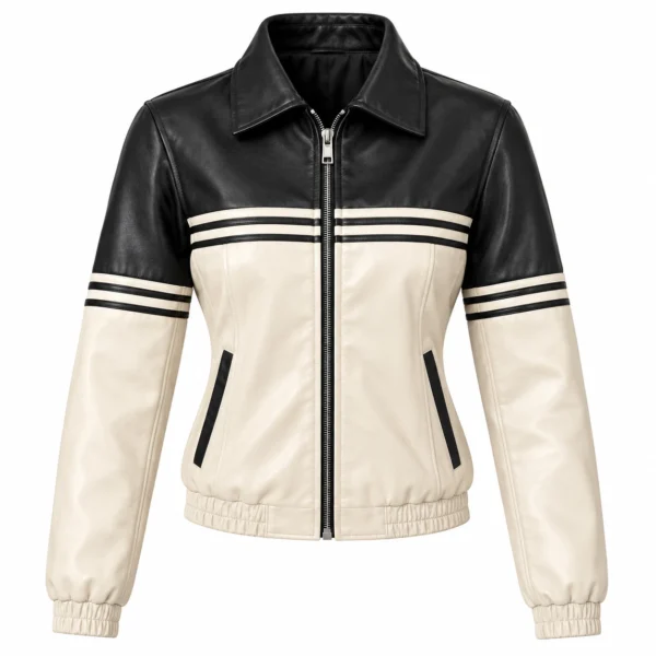 real leather colorblock racing jacket black off white striped casual
